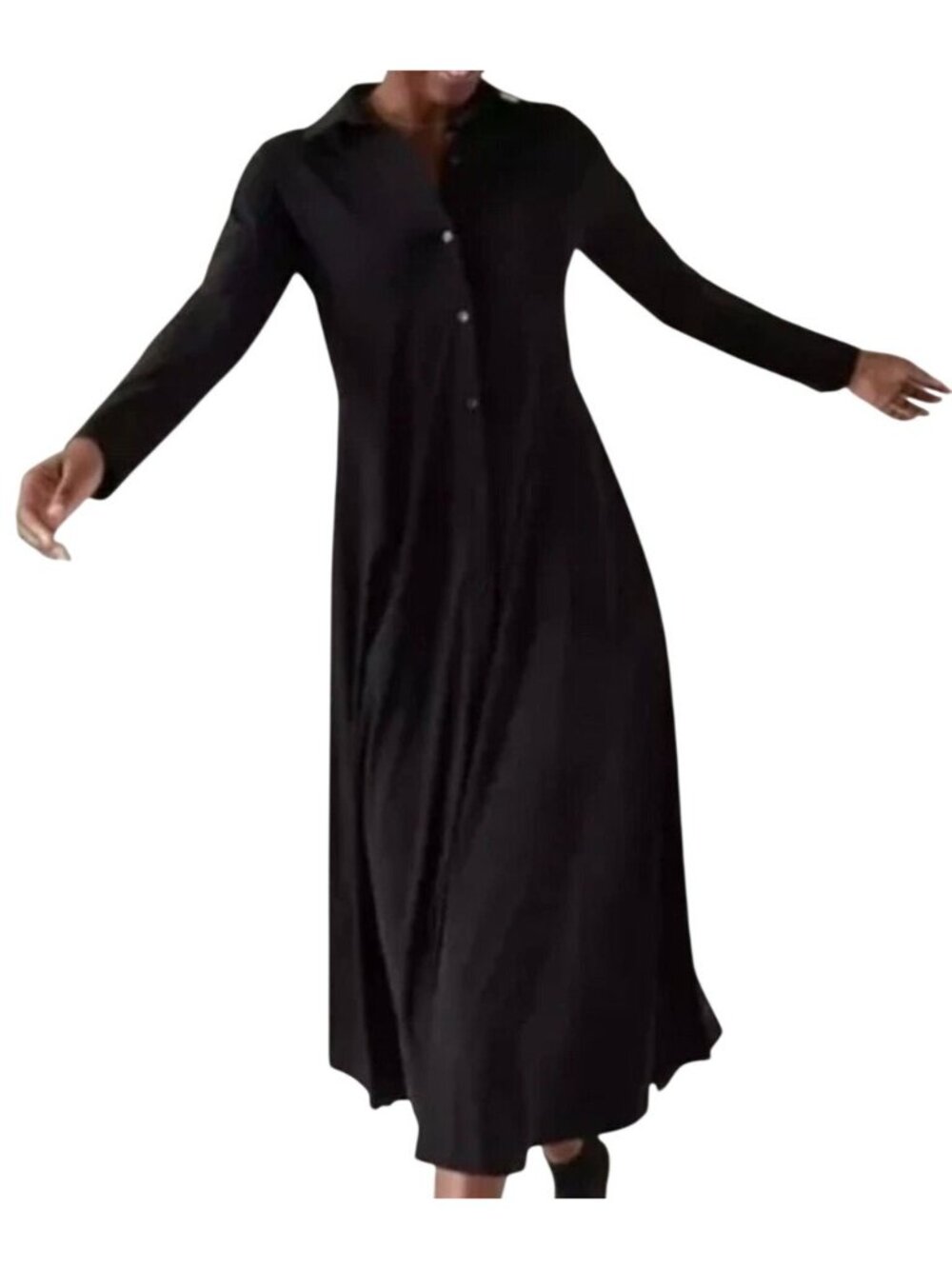 Athleta Black Long-Sleeve Midi Shirt Dress Collared Button-Down Versatile Style - Picture 4 of 16